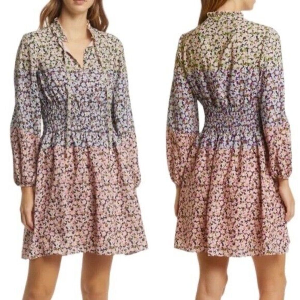 NEW Vince Camuto Floral Smocked Waist Long Sleeve Mini Dress Pink Blue Size 12